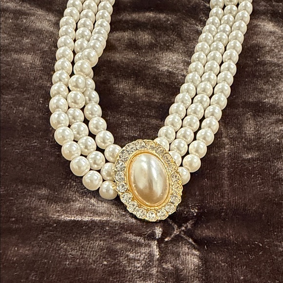 Jewelry - Three-Strand Faux White Pearl Necklace with Gold Rhinestone Oval Clasp
